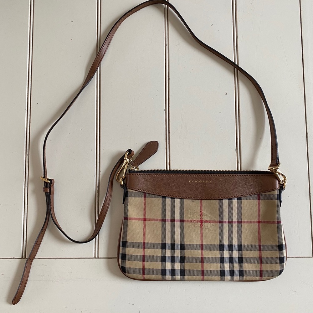 Burberry Beige Plaid Canvas & Brown Leather Crossbody Bag